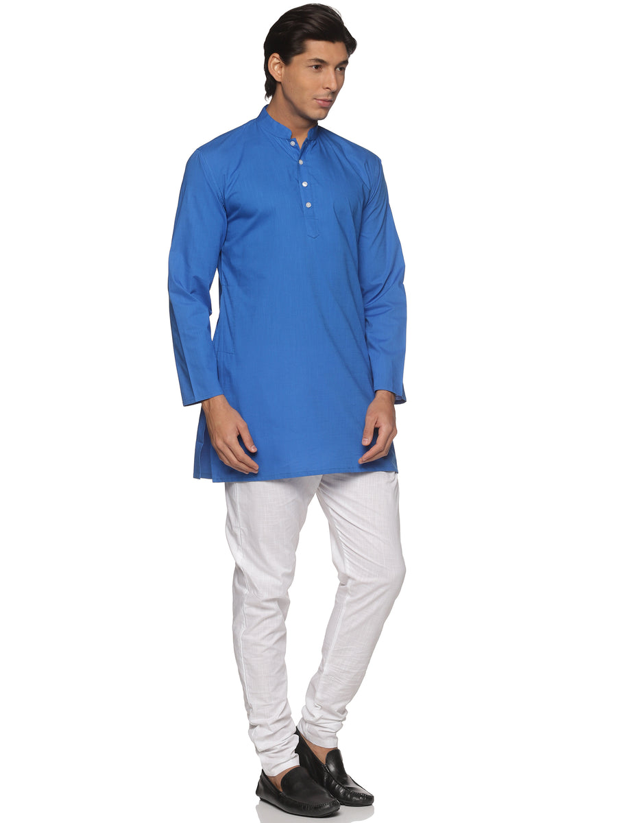 MENS SLUB COTTON BLUE LONG KURTA WITH PYJAMA