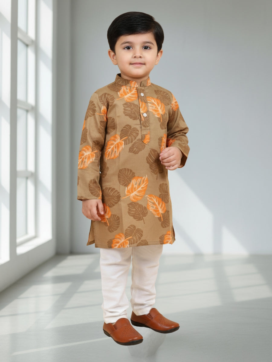 Boys Cotton Kurta with Digital Print | Mandarin Collar, Side Pockets, Button Closure | Ethnic Wear for Kids – Machine Washable