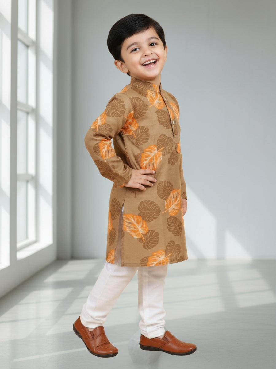 Boys Cotton Kurta with Digital Print | Mandarin Collar, Side Pockets, Button Closure | Ethnic Wear for Kids – Machine Washable