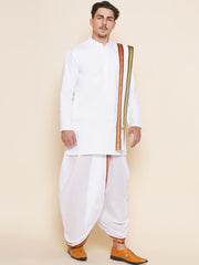 Men Cotton White Colour Kurta and Dhoti Pant with Angavastram Set