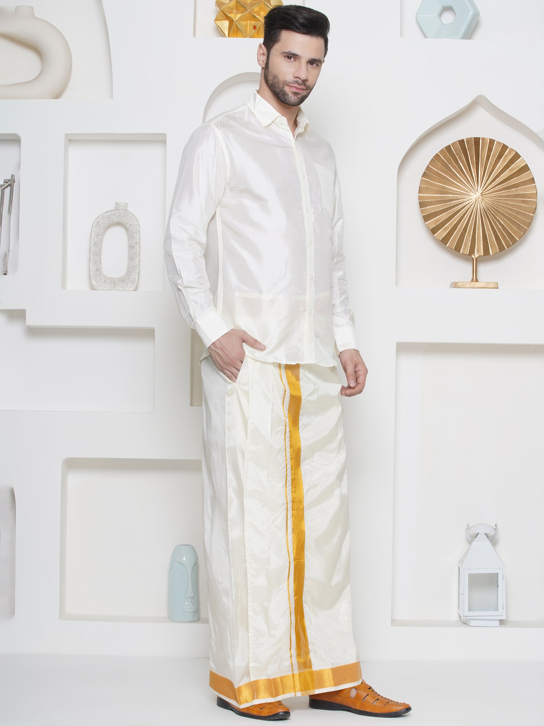 Sethukrishna Mens Pure Silk Shirt and Readymade Dhoti Set