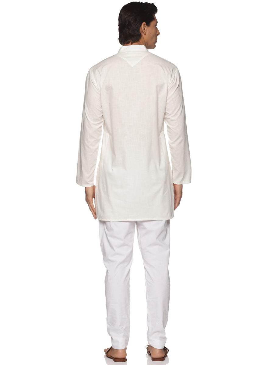 MENS SLUB COTTON CREAM LONG KURTA WITH PYJAMA