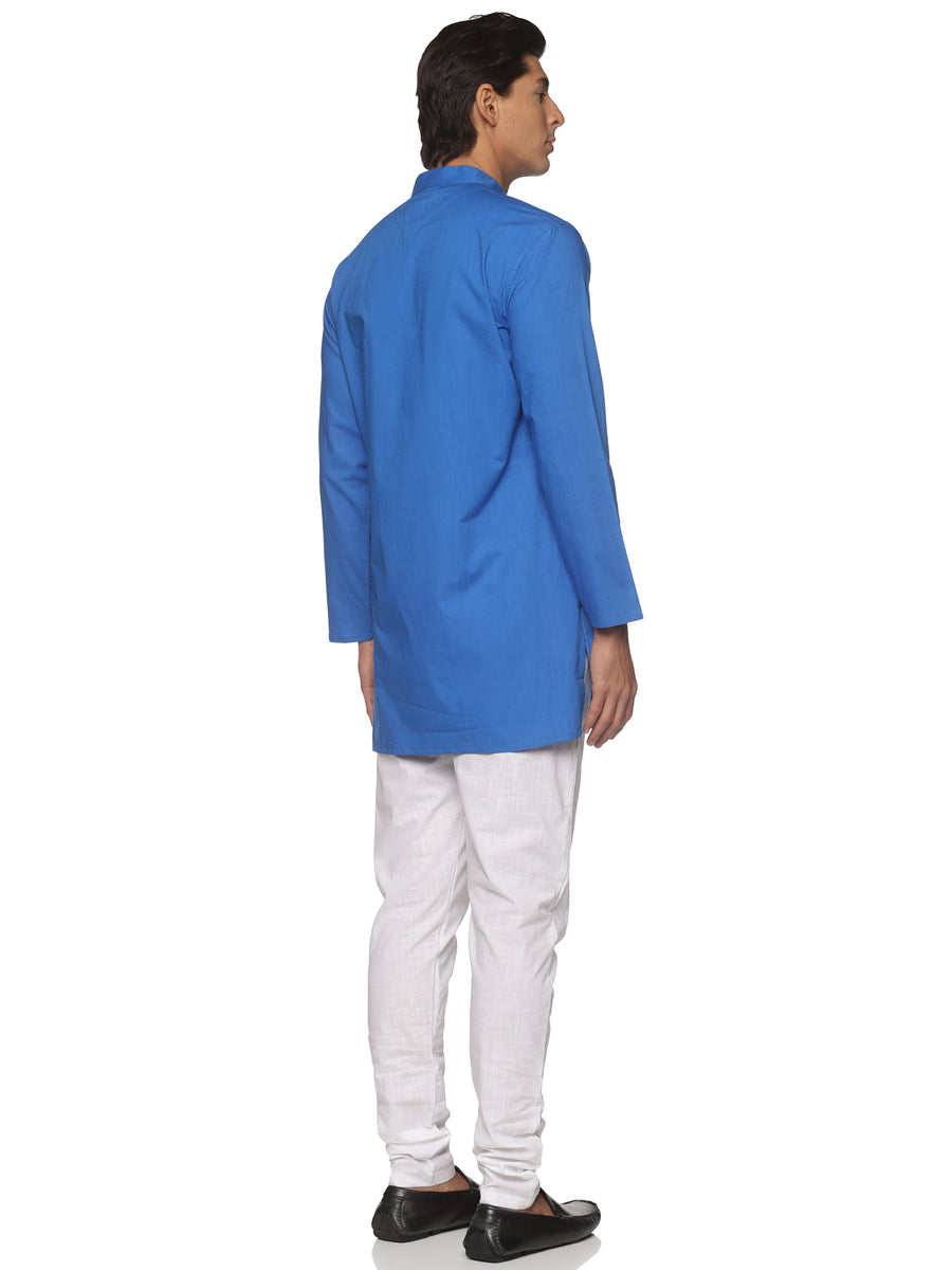 MENS SLUB COTTON BLUE LONG KURTA WITH PYJAMA