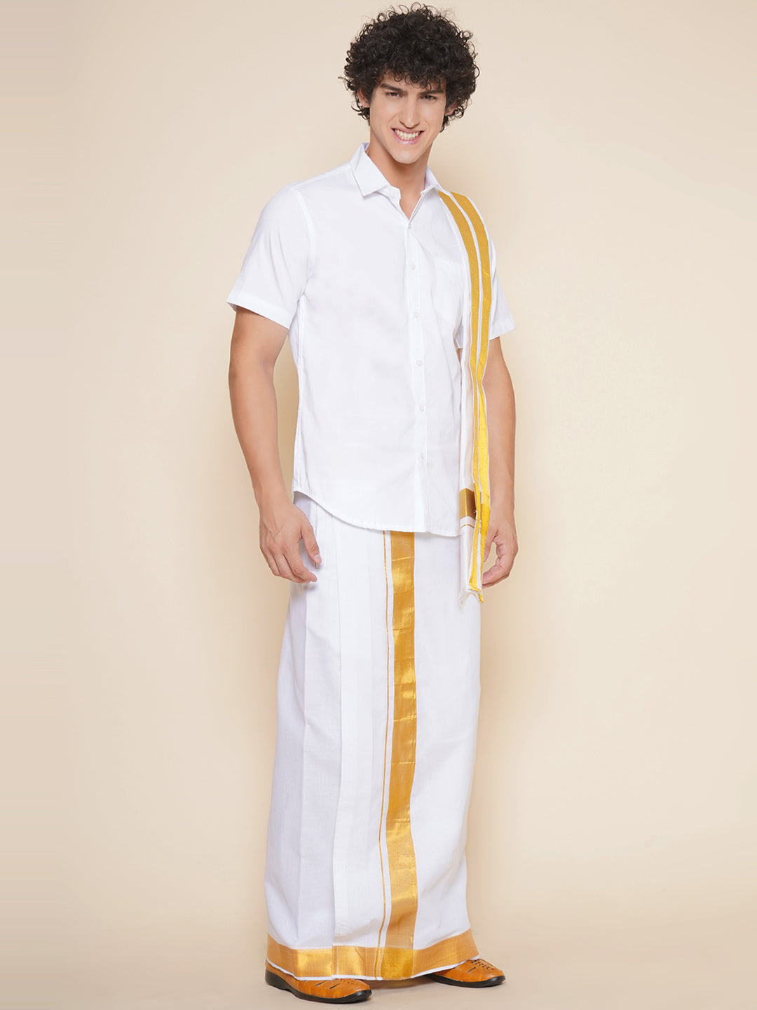 Men Half Sleeve White Colour Shirt and Pocket Dhoti with Angavastram Set