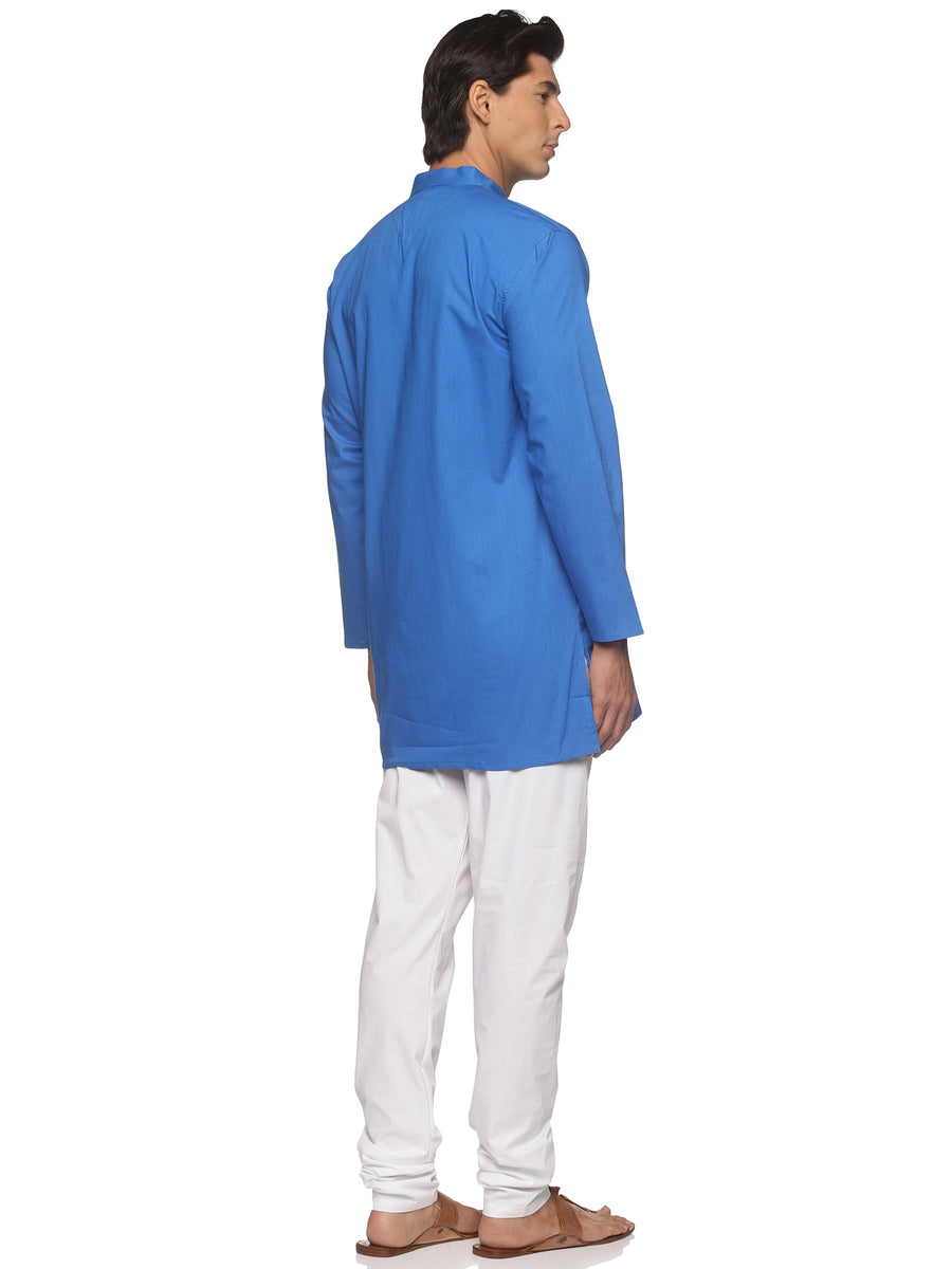 MENS SLUB COTTON BLUE LONG KURTA WITH PYJAMA