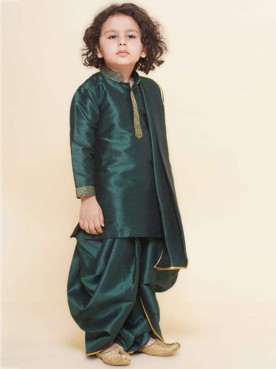 Sethukrishna Boys Slub Dupion Embroidered Kurta and Patiala Pant With Angavastram Set