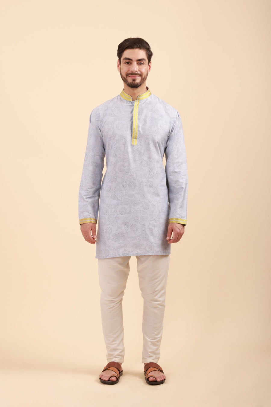 Men Floral Print Soft Silk Mandarin Collar Kurta & Pyjama Set