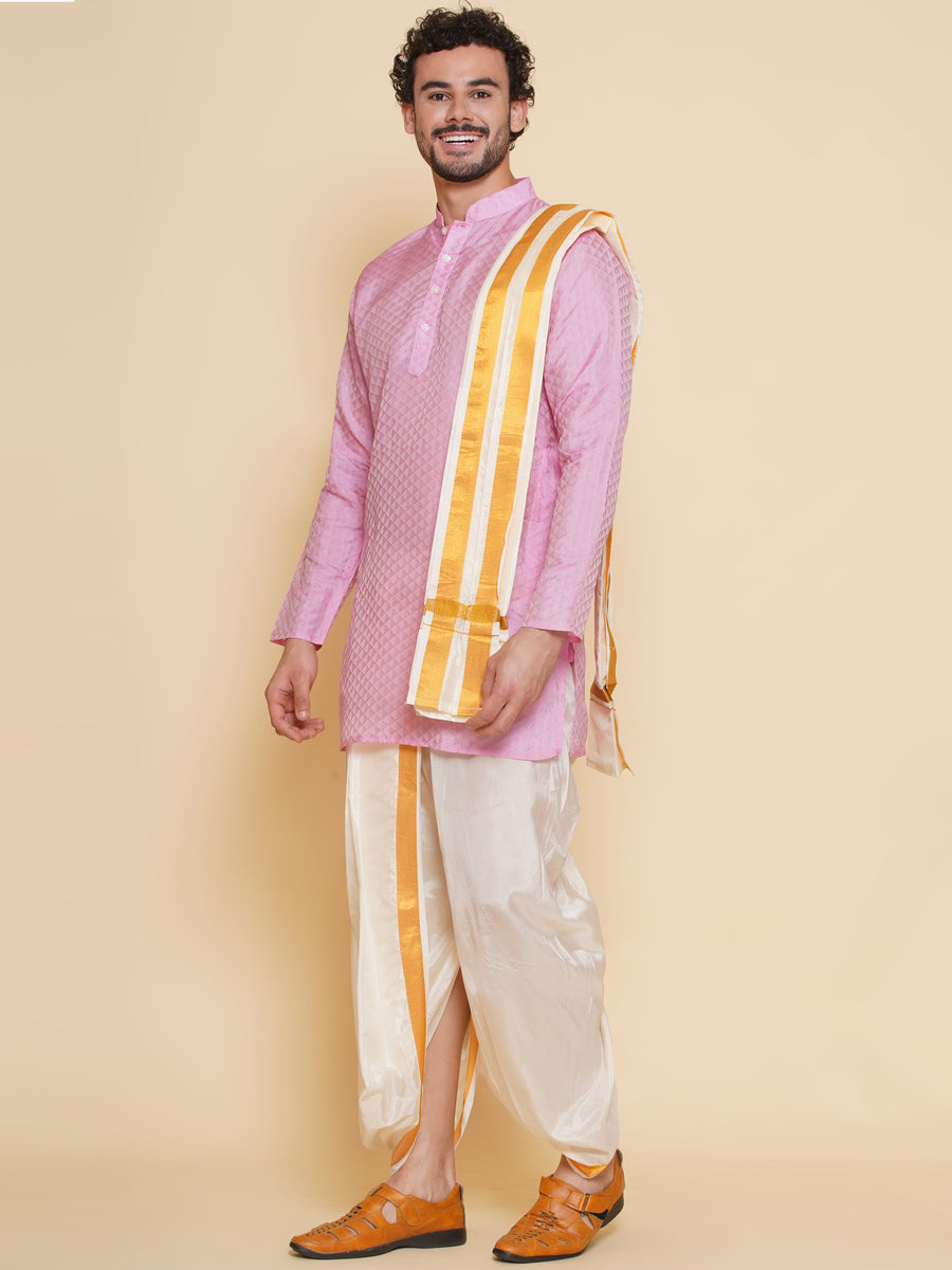 Sethukrishna Mens Self Design Kurta and Dhotipant with Angavastram Set