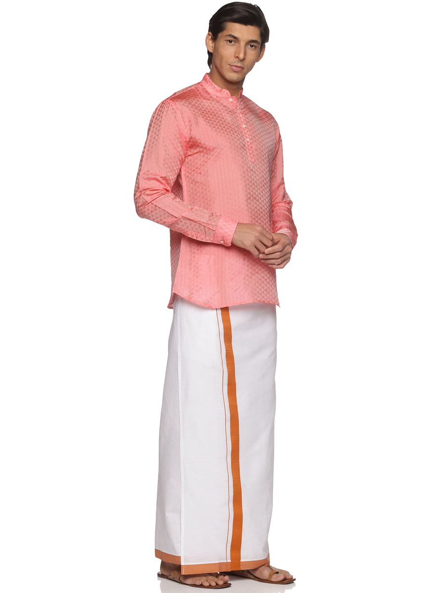 MENS ART SILK SHORT KURTA WITH POCKET DHOTI