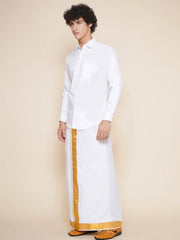 Men Full Sleeve White Colour Shirt and Pocket Dhoti Set