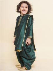 Sethukrishna Boys Slub Dupion Embroidered Kurta and Patiala Pant With Angavastram Set