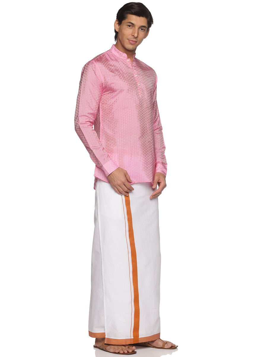 MENS ART SILK SHORT KURTA WITH POCKET DHOTI