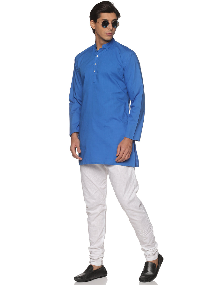 MENS SLUB COTTON BLUE LONG KURTA WITH PYJAMA
