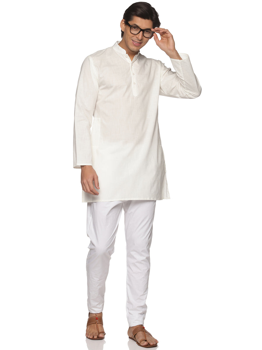 MENS SLUB COTTON CREAM LONG KURTA WITH PYJAMA