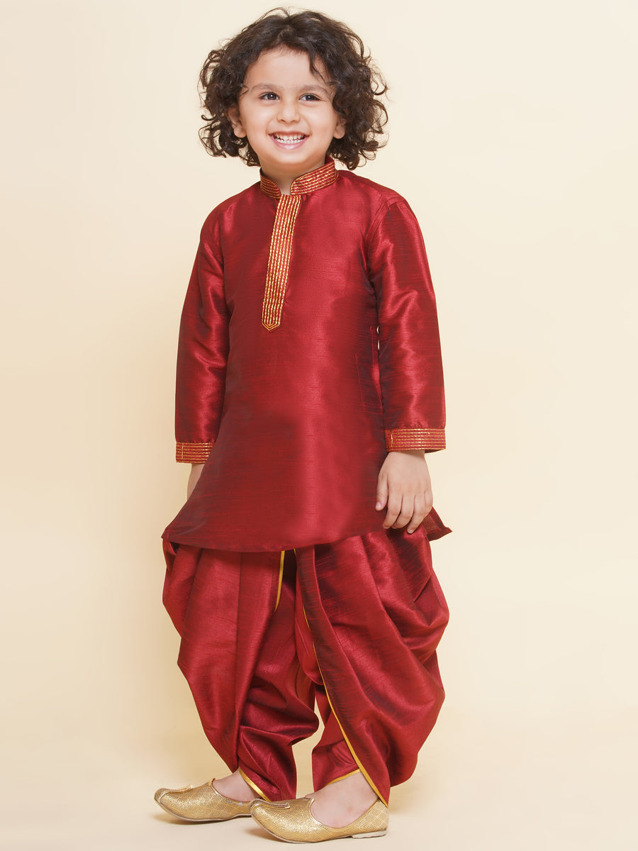 Sethukrishna Boys Slub Dupion Embroidered Kurta and Patiala Pant Set