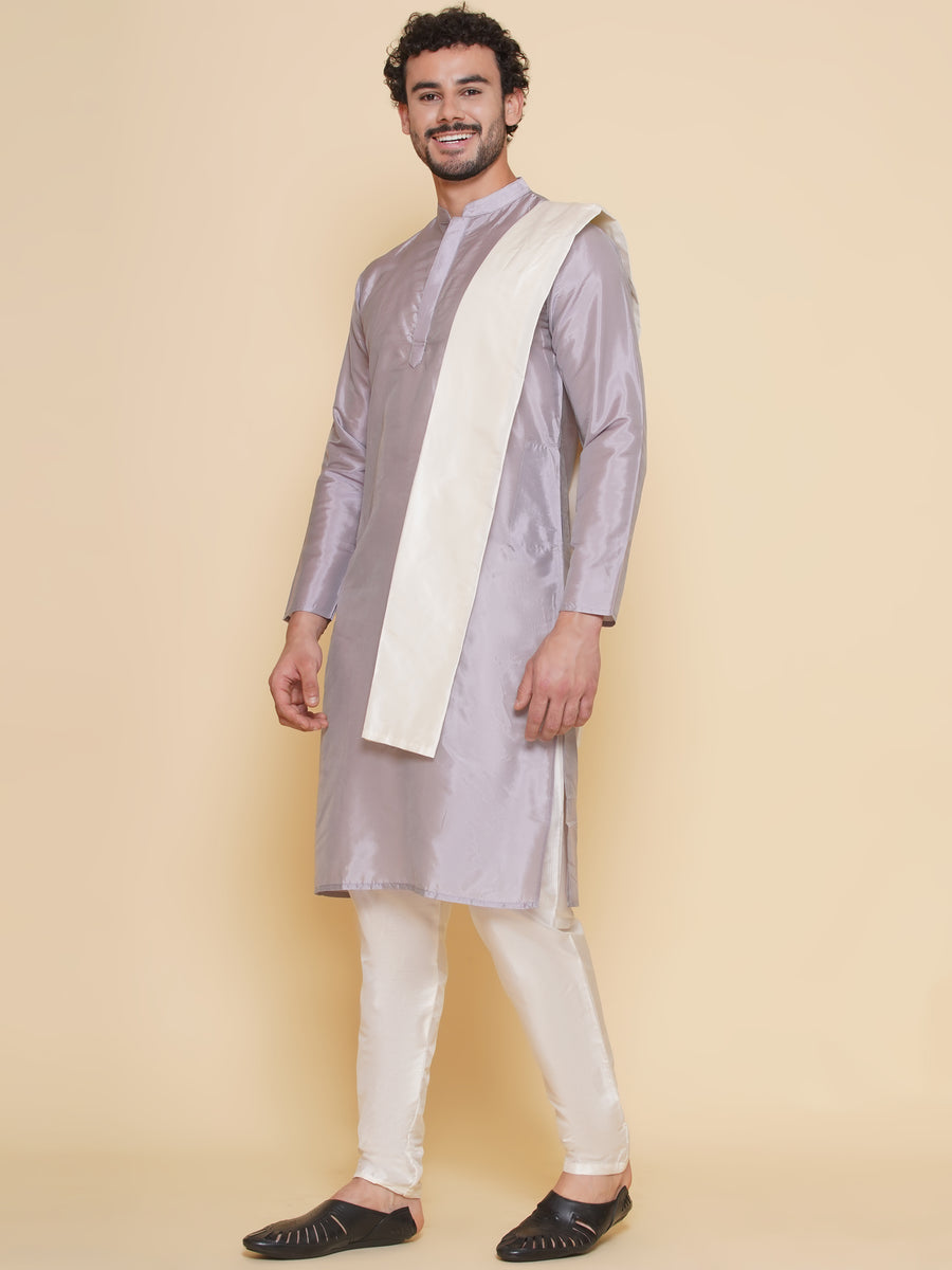 Sethukrishna Mens Solid Color Kurta and Pyjama with Angavastram Set
