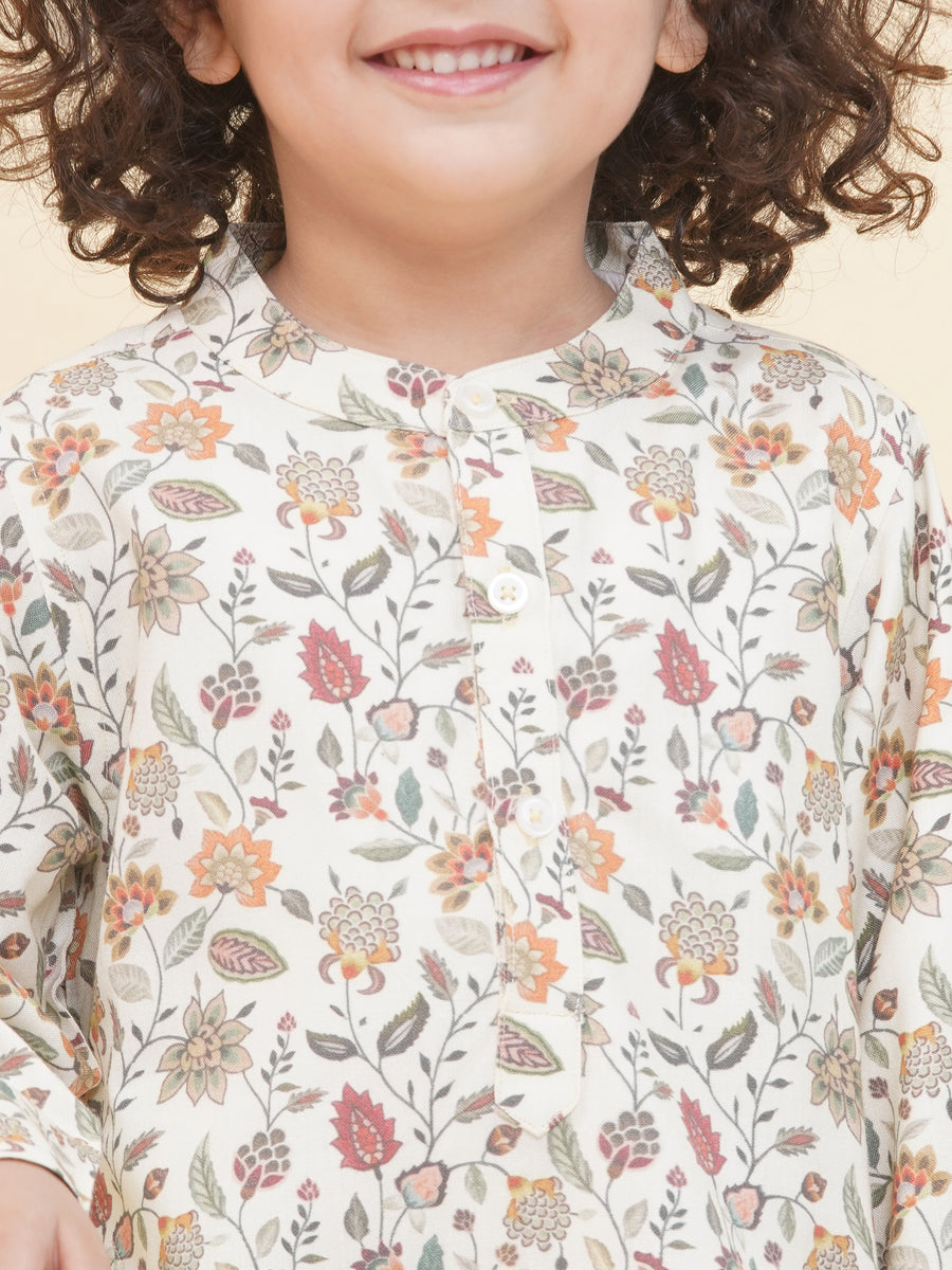 Boy's Floral Print Kurta DhotiPant Set