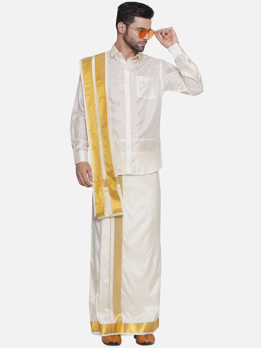 Sethukrishna Mens Self Design Shirt Dhoti with Angavastram Set