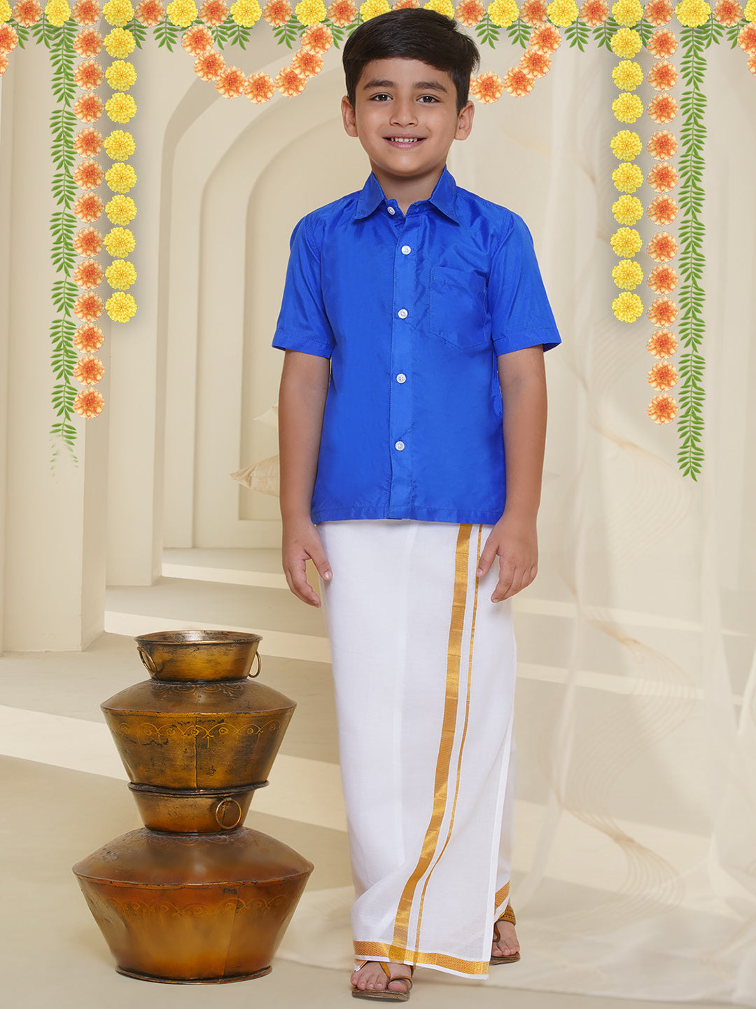 Buy Bhandari Fashion Kanchipuram silk Golden Borader Dhoti And Shirt with  chain Accessories Traditional Dress Short Sleeve Shirts For Boys (1-2  Years, Green) at Amazon.in