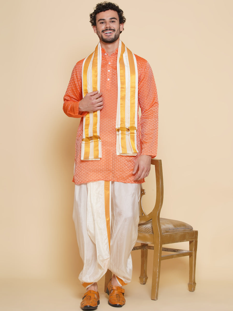 Sethukrishna Mens Self Design Kurta and Dhotipant with Angavastram Set