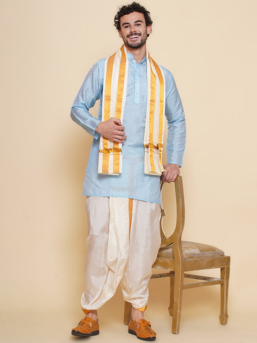 Sethukrishna Mens Self Design Kurta and Dhotipant with Angavastram Set