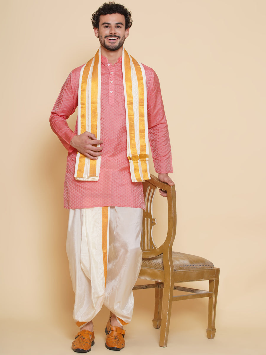 Sethukrishna Mens Self Design Kurta and Dhotipant with Angavastram Set