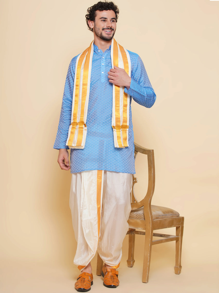 Sethukrishna Mens Self Design Kurta and Dhotipant with Angavastram Set