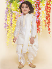 Sethukrishna Boys Slub Dupion Embroidered Kurta and Patiala Pant With Angavastram Set