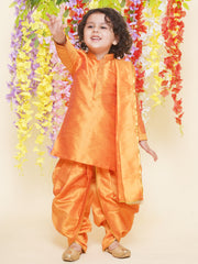 Sethukrishna Boys Slub Dupion Embroidered Kurta and Patiala Pant With Angavastram Set