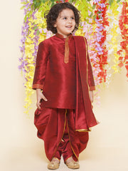 Sethukrishna Boys Slub Dupion Embroidered Kurta and Patiala Pant With Angavastram Set