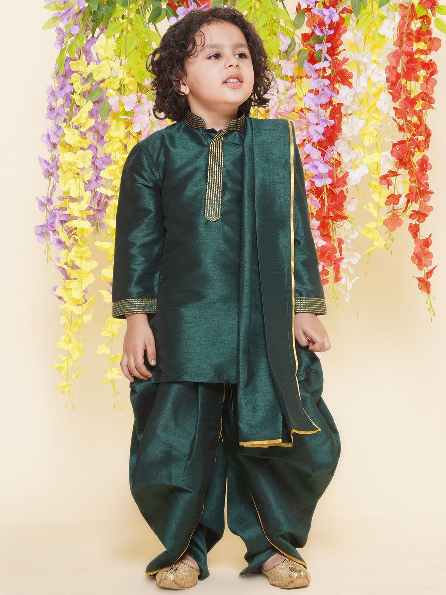 Sethukrishna Boys Slub Dupion Embroidered Kurta and Patiala Pant With Angavastram Set