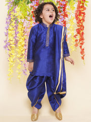 Sethukrishna Boys Slub Dupion Embroidered Kurta and Patiala Pant With Angavastram Set