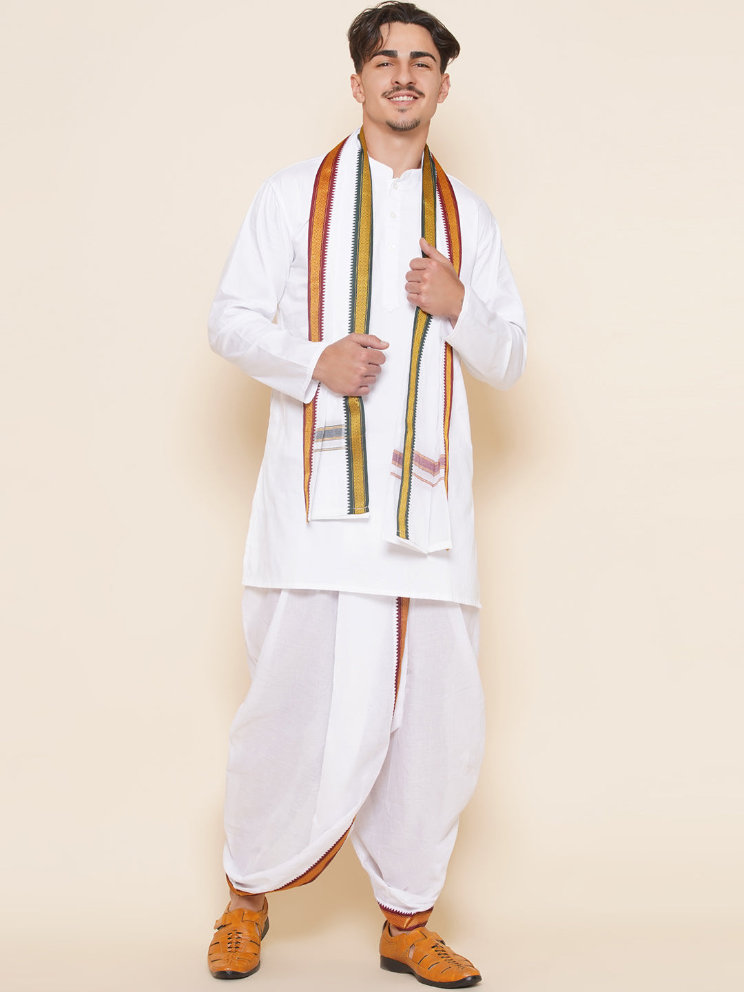 Babyhug Cambric Woven Full Sleeves Solid Kurta With Coordinating Dhoti & Angavastram -  Offwhite