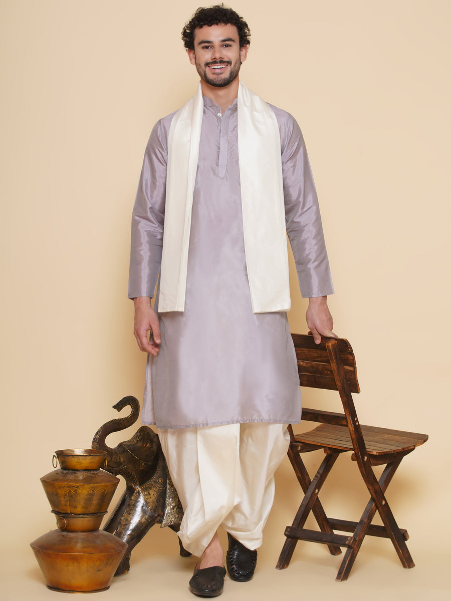 Sethukrishna Mens Solid Color Kurta and Dhotipant with Angavastram Set