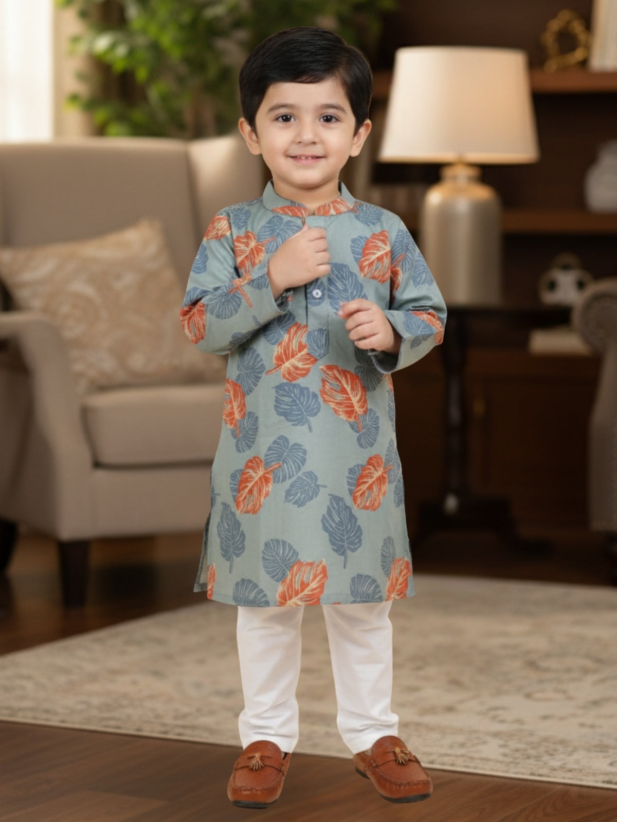 Boys Cotton Kurta with Digital Print | Mandarin Collar, Side Pockets, Button Closure | Ethnic Wear for Kids – Machine Washable
