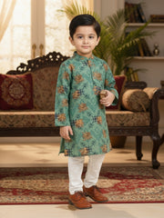 Boys Cotton Kurta with Digital Print | Mandarin Collar, Side Pockets, Button Closure | Ethnic Wear for Kids – Machine Washable