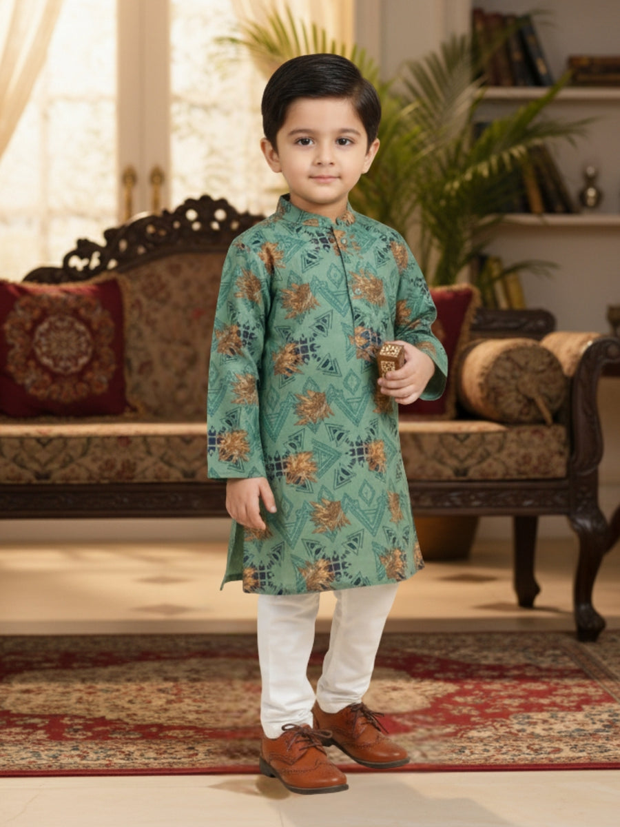 Boys Cotton Kurta with Digital Print | Mandarin Collar, Side Pockets, Button Closure | Ethnic Wear for Kids – Machine Washable