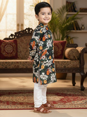 Boys Cotton Kurta with Digital Print | Mandarin Collar, Side Pockets, Button Closure | Ethnic Wear for Kids – Machine Washable