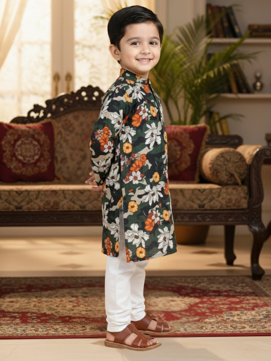 Boys Cotton Kurta with Digital Print | Mandarin Collar, Side Pockets, Button Closure | Ethnic Wear for Kids – Machine Washable