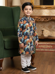 Boys Cotton Kurta with Digital Print | Mandarin Collar, Side Pockets, Button Closure | Ethnic Wear for Kids – Machine Washable
