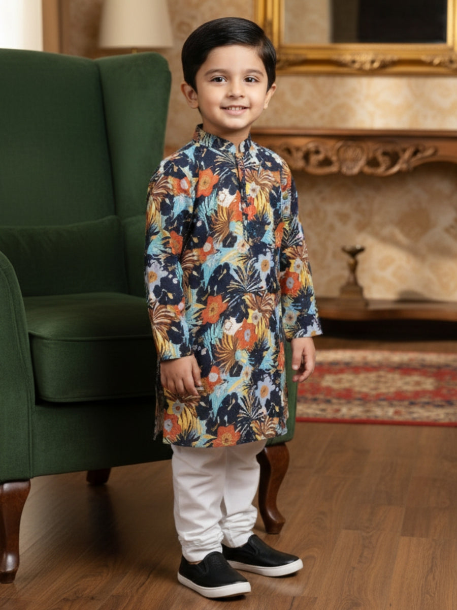 Boys Cotton Kurta with Digital Print | Mandarin Collar, Side Pockets, Button Closure | Ethnic Wear for Kids – Machine Washable
