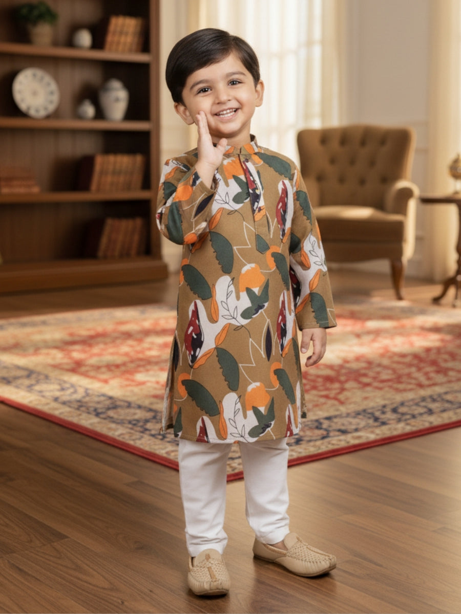 Boys Cotton Kurta with Digital Print | Mandarin Collar, Side Pockets, Button Closure | Ethnic Wear for Kids – Machine Washable