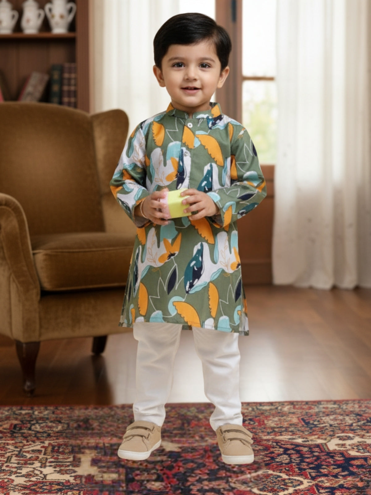 Boys Cotton Kurta with Digital Print | Mandarin Collar, Side Pockets, Button Closure | Ethnic Wear for Kids – Machine Washable
