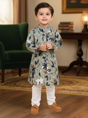 Boys Cotton Kurta with Digital Print | Mandarin Collar, Side Pockets, Button Closure | Ethnic Wear for Kids – Machine Washable