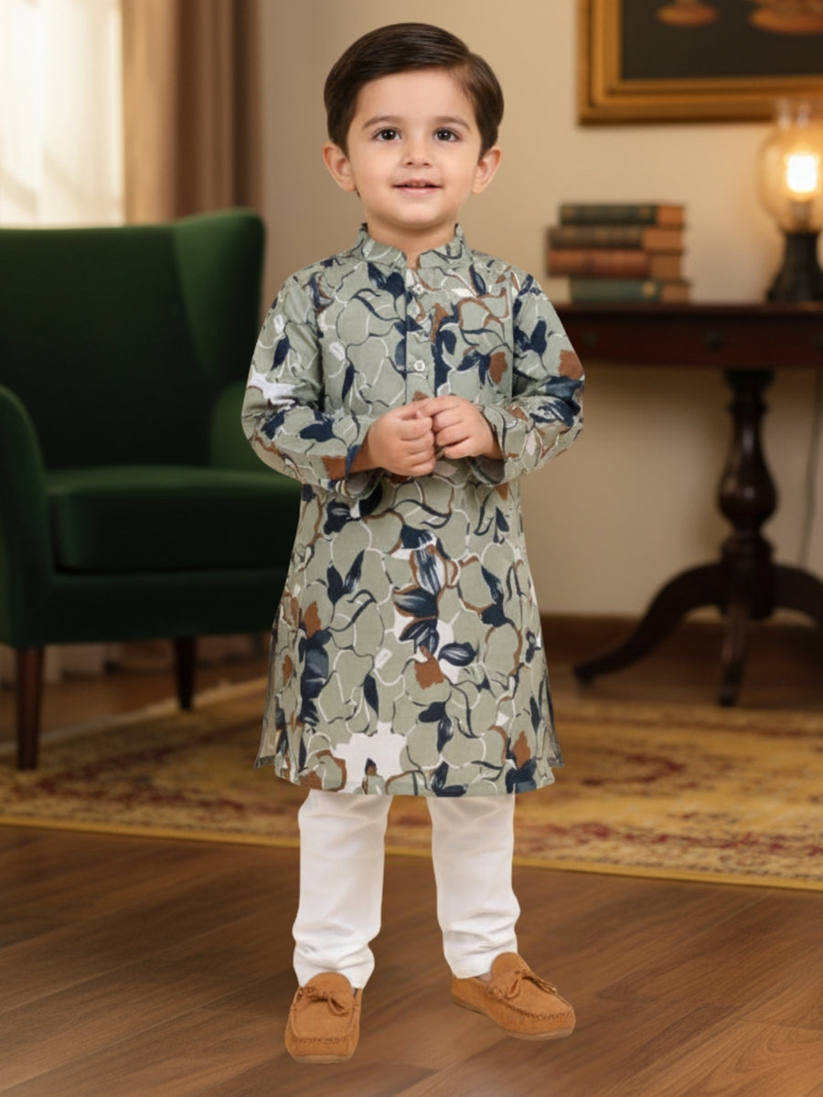 Boys Cotton Kurta with Digital Print | Mandarin Collar, Side Pockets, Button Closure | Ethnic Wear for Kids – Machine Washable