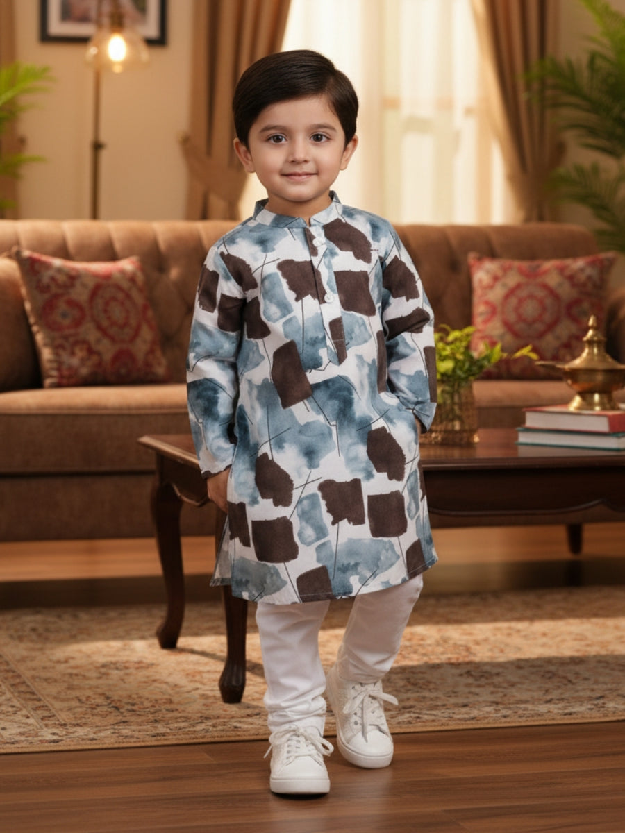 Boys Cotton Kurta with Digital Print | Mandarin Collar, Side Pockets, Button Closure | Ethnic Wear for Kids – Machine Washable