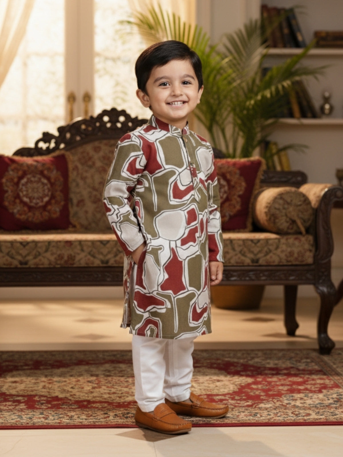 Boys Cotton Kurta with Digital Print | Mandarin Collar, Side Pockets, Button Closure | Ethnic Wear for Kids – Machine Washable