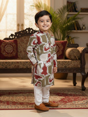 Boys Cotton Kurta with Digital Print | Mandarin Collar, Side Pockets, Button Closure | Ethnic Wear for Kids – Machine Washable