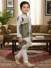 Boys Cotton Kurta with Digital Print | Mandarin Collar, Side Pockets, Button Closure | Ethnic Wear for Kids – Machine Washable