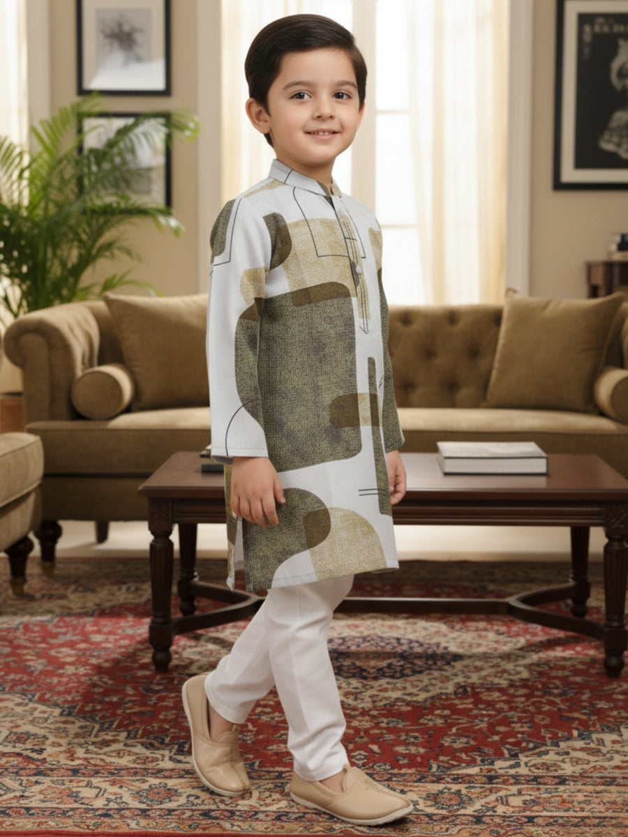 Boys Cotton Kurta with Digital Print | Mandarin Collar, Side Pockets, Button Closure | Ethnic Wear for Kids – Machine Washable